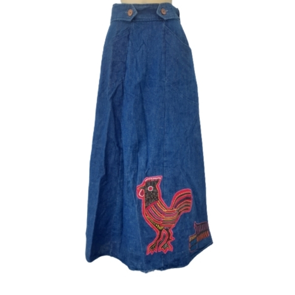 Vintage Mexican Folk Rooster Applique Nubby Denim Wrap Maxi Skirt - Picture 1 of 4